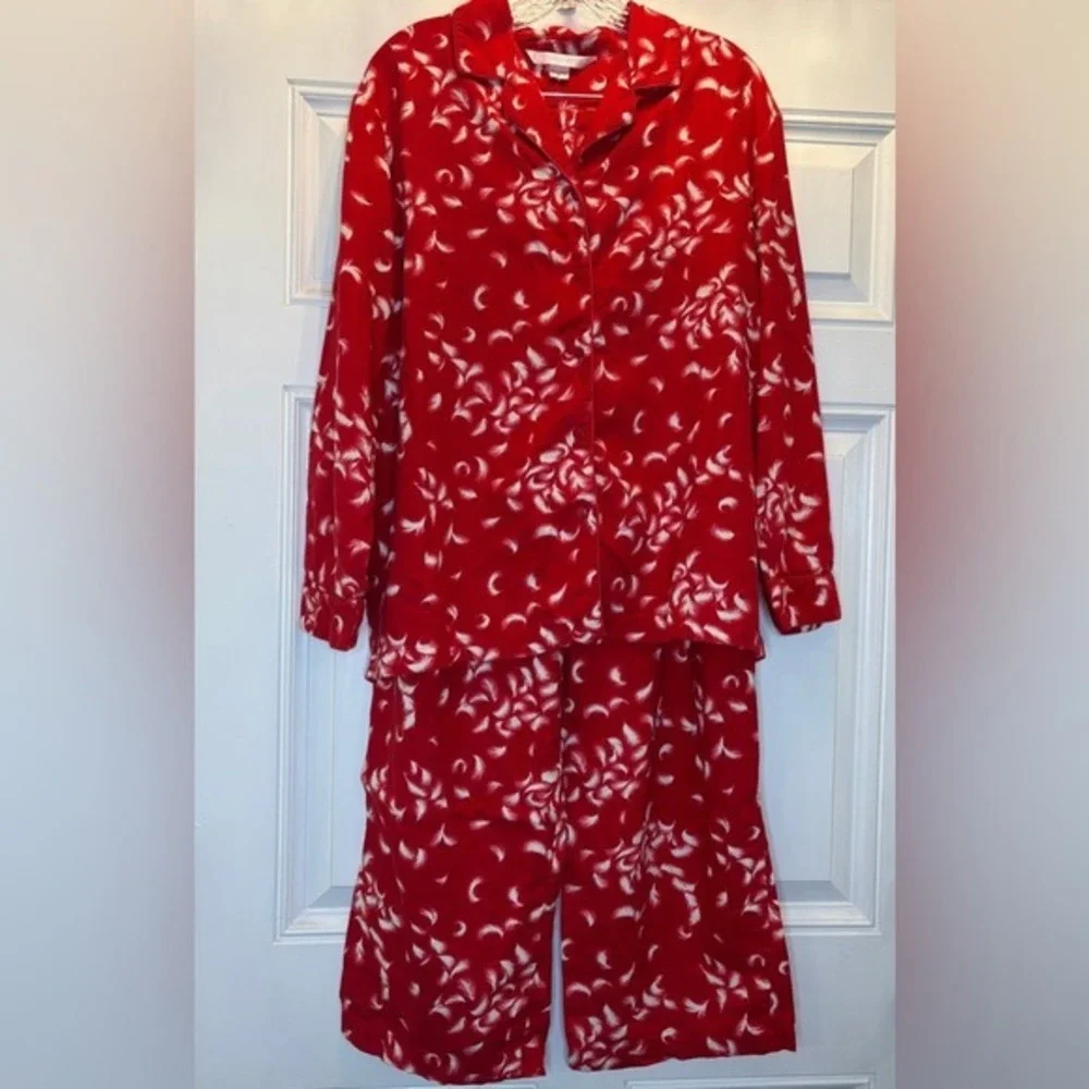 Victoria's Secret Red White Feather Print Pajama Set M Sleepwear Loungewear